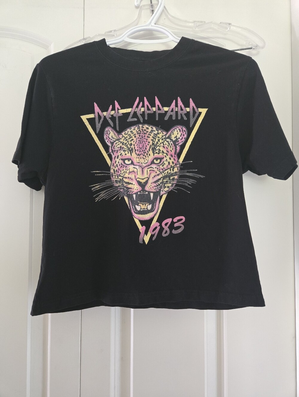 Def Leppard 1983 Womens Graphic Tee - Black with Pink and Yellow Leopard Cropped